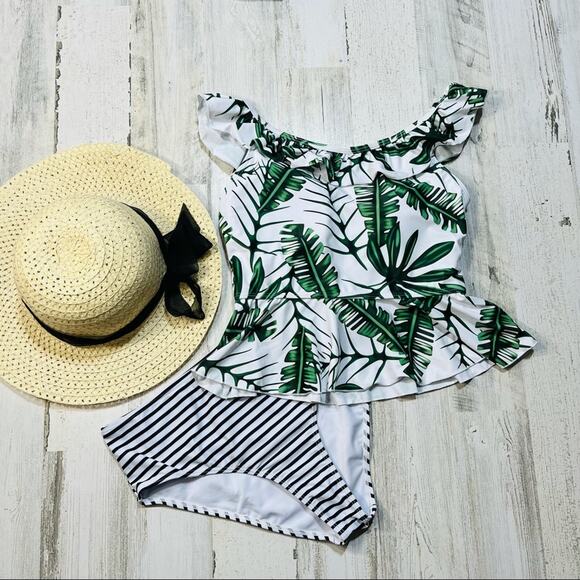 Palm Leaf Ruffled Peplum Tankini Swimsuit with High Waisted Striped Bottoms - Picture 2 of 9